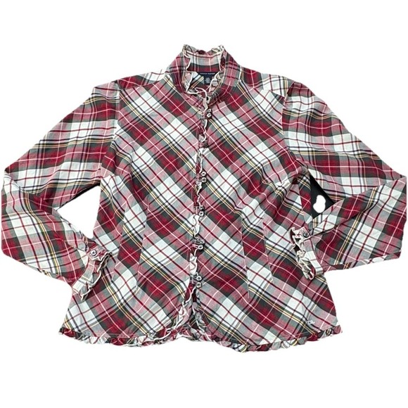 Tommy Hilfiger Women's L Plaid Red Green White Ruffle Button Long Sleeve Blouse - Picture 1 of 16